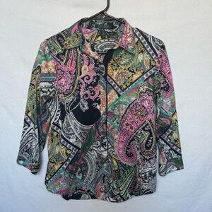 LAUREN Ralph Lauren Button Up Shirt Women Sz Small Paisley Patchwork Boho Hippie